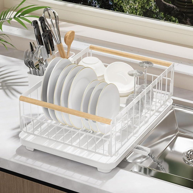 STARLATTA Dish Drying Rack for Kitchen Counter，Dishes Drainer Racks with Removeable Cutlery Holder and Wood Handle White Metal Strainer Organization for Knives, Spoons, and Forks