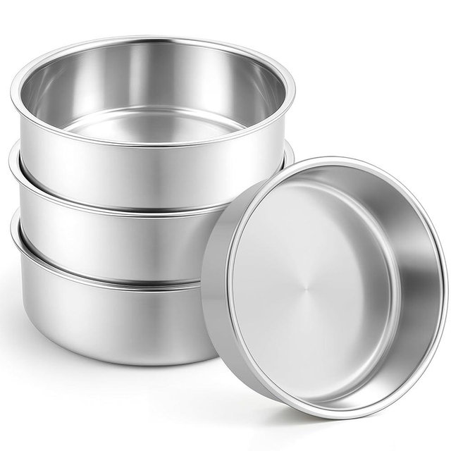 Leonyo 8Inch Round Cake Pans 4 Pack, Stainless Steel Circle Layer Cake Baking Pans Set, Metal Round Baking Tins for Wedding Party, Dishwasher Oven Safe