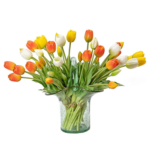 DUYONE 40Pcs Artificial Tulips Flowers, Soft Touch Realistic Latex Tulips Bouquet for Home Office Wedding Party Garden Decor, Fake Flowers for Centerpieces Dining Table Living Room Spring(Orange Set)