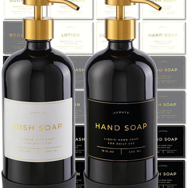 Verute 16oz Glass Soap Dispenser with Stainless Steel Pump, 21 Waterproof Labels, Non-Slip Protective Silicone Pad, Set of 2 for Bathroom & Kitchen (Gloss Black Bottle/Brushed Gold Pump)