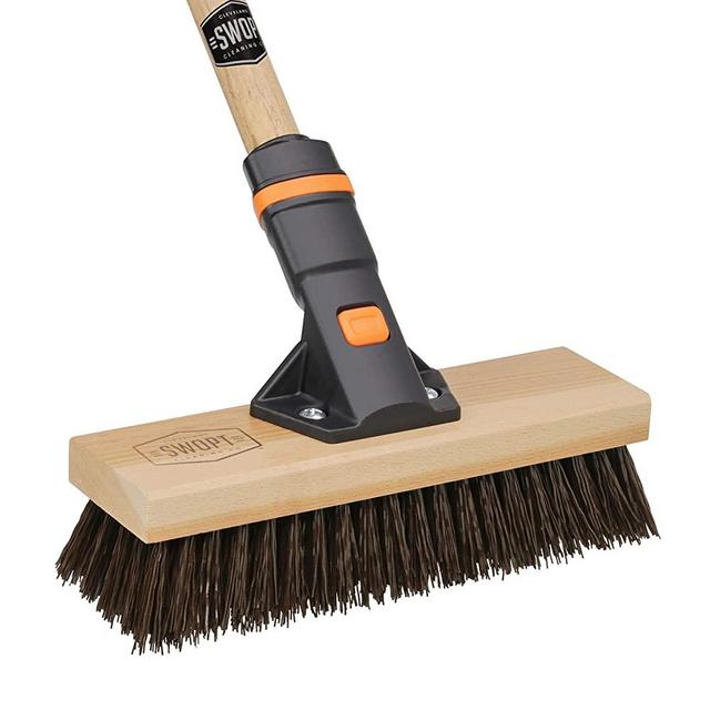 10" SWOPT Premium Rough Surface Deck Brush – 60" Comfort Grip Wooden Handle – EVA Foam Comfort Grip to Clean Outdoor Surfaces Comfortably – Heavy-Duty Scrubbing Power for Rough & Textured Surfaces