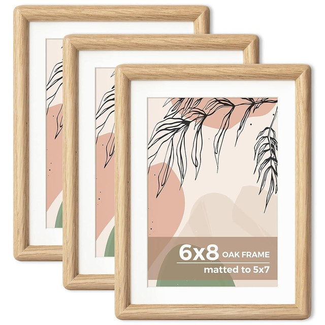 Axeman 6x8 Oak Frame Set of 3 - Rounded Corner 6 x 8 Picture Frame Matted to 5x7 - Natural Oak Wood Photo Frame with Tempered Glass for Tabletop or Wall Mount Display