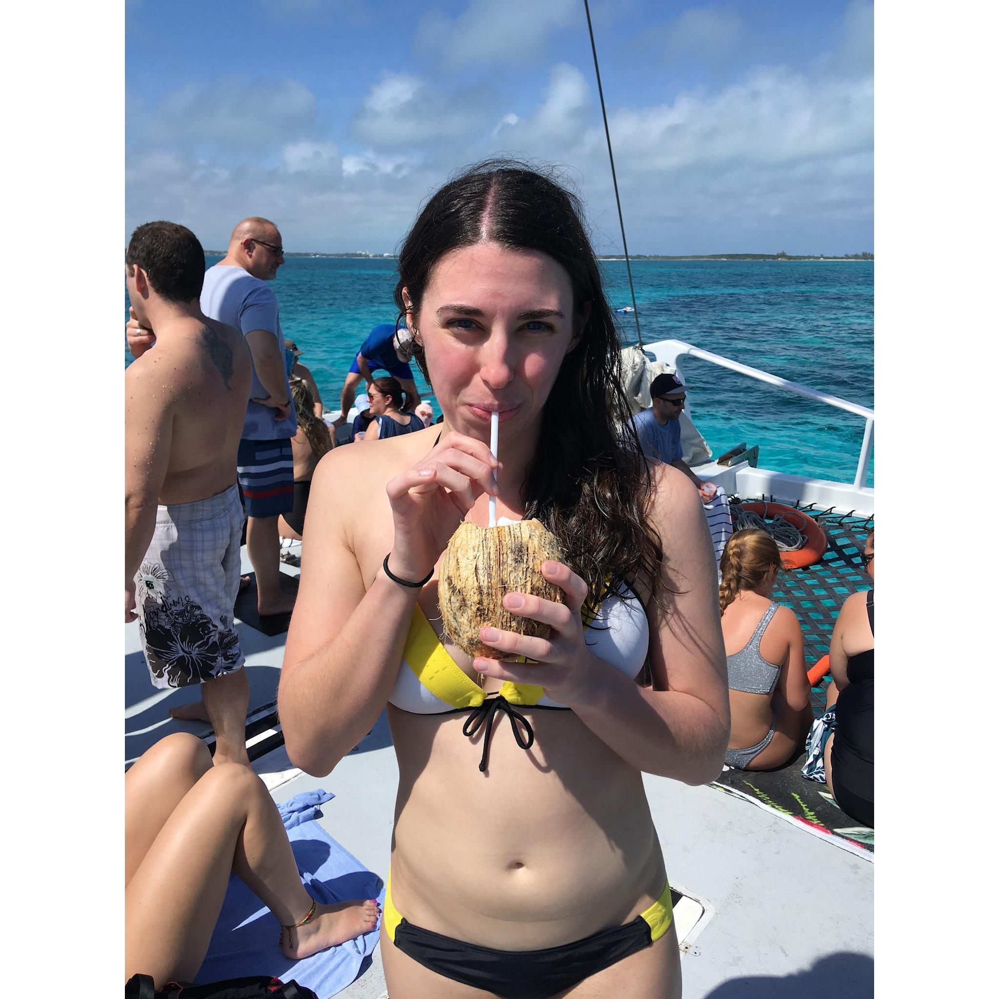 Sunburned with a coconut after snorkeling!