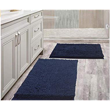 Bathroom Rugs Mats 20" x 30" Set of 2 Navy Luxury Chenille Bath Mat Super Absorbent Bath Rug Machine Washable Perfect Plush Carpet for Shower, Bath Room, Bedroom and Kitchen (20" x 30", Navy)