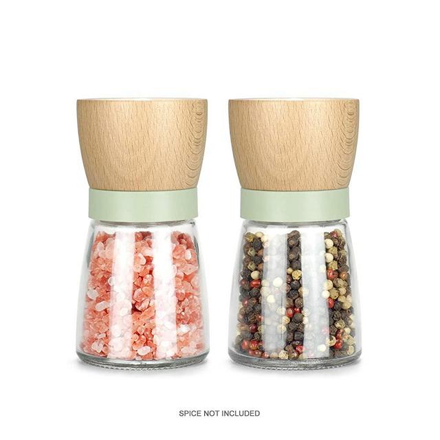 Salt and Pepper Grinder Set Wood Adjustable Coarseness Refillable Pepper Grinder Mill Wood Farmhouse Salt and Pepper Shaker for Kitchen,Green Salt Grinder Kitchen Gift
