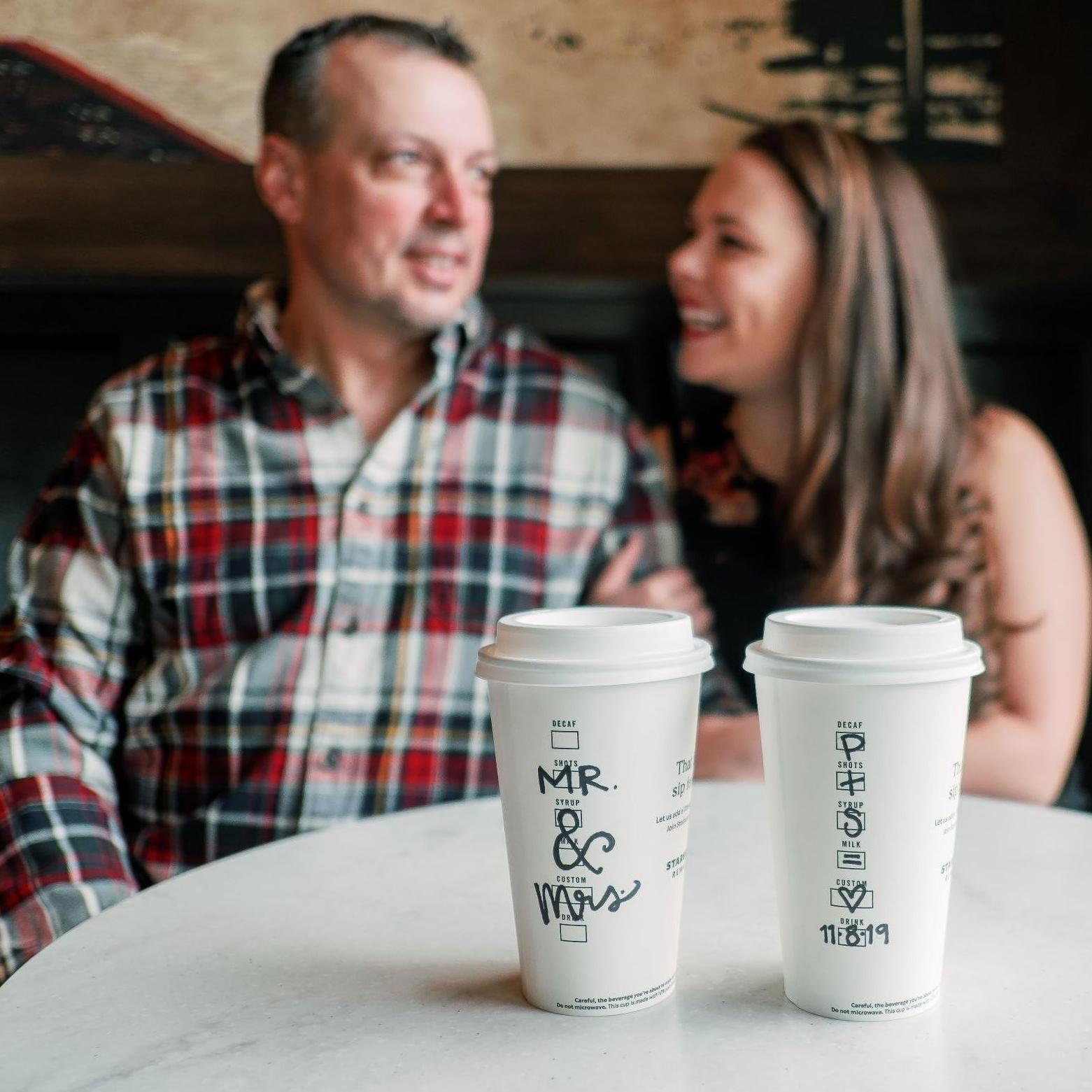 Enjoying coffee at Proctor Starbucks, where we met! Thank you Devon for capturing our love in our Engagement photos.