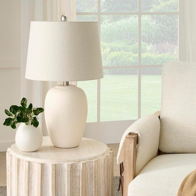 Nourison 23" Natural White Ceramic Jar Table Lamp for Bedroom, Living Room, Dining Room, Office, with Off-White Shade