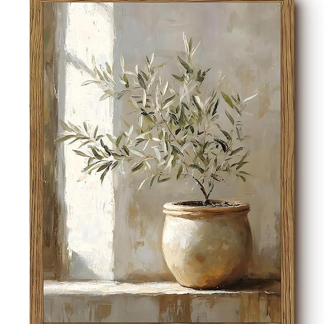 Vintage Framed Olive Tree Canvas Wall Art, Neutral Botanical Pictures Wall Decor, Rustic Potted Plant Paintings Prints, Organic Modern Farmhouse Artwork for Living Room Bedroom 12x16 Inch