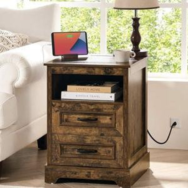 Farmhouse Nightstand with Charging Station, Wood Night Stand with Drawers, Bedside Table, Nightstands with Open Storage Shelf, Rustic Night Stands for Bedroom, Closet, 18" Wide, 24" Tall