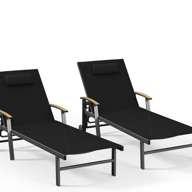Ciokea Outdoor Lounge Chair with Pillow Set of 2, 5-Position Aluminum Chaise Lounge with Wheels & Armrests, 400 lbs Heavy Duty Patio Pool Chair for Backyard, Deck, Beach & Poolside, Black