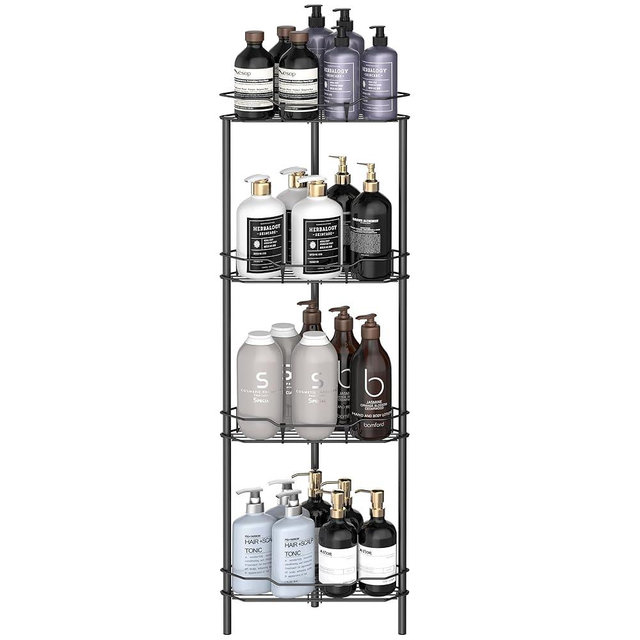 HuggieGems 4 Tier Floor Standing Corner Shower Caddy Organizer Shelf with Hooks, Bathroom Shelves Stand Rack, Matt Black