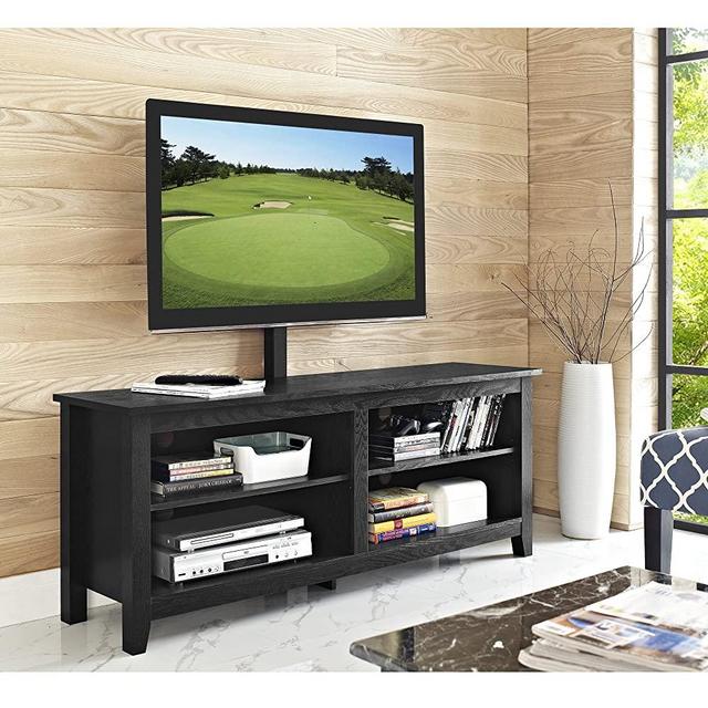 Walker Edison Furniture Company Minimal Farmhouse Wood Universal Stand with Mount for TV's up to 64" Flat Screen Living Room Storage Shelves Entertainment Center, 58 Inch, Black