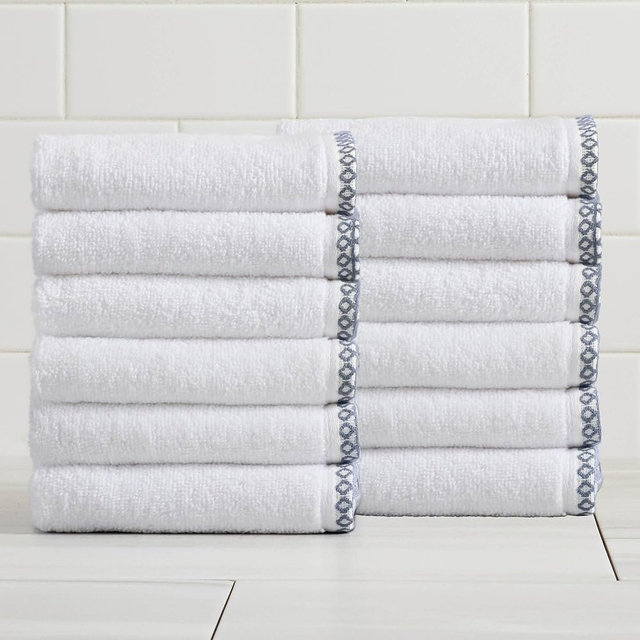 Great Bay Home Blue/White Washcloth Set - Ultra-Soft Cotton, Boho-Chic Border Design - 12 Washcloths (13" x 13") - Absorbent, Quick-Dry, Lightweight Bathroom Towels
