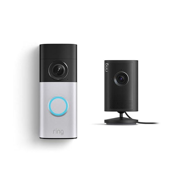 Ring Wired Doorbell Plus (Newest Model), Nickel Silver with Indoor Cam Plus (Newest Model), Black