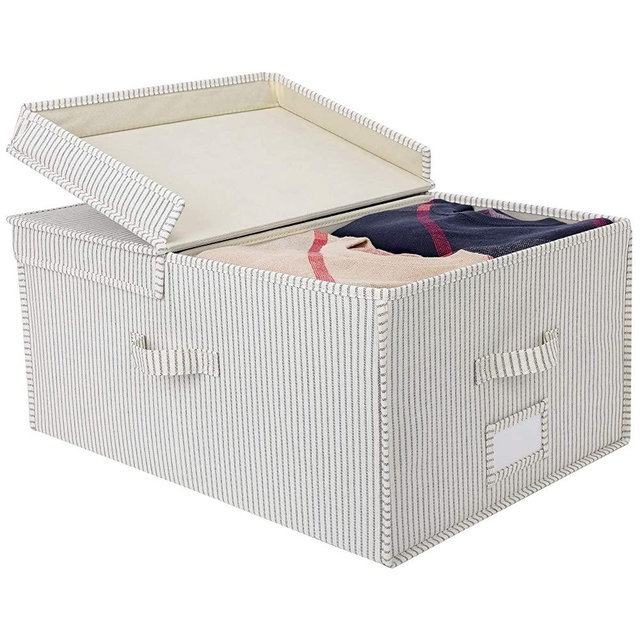 StorageWorks 65L Closet Storage Organizer With Handles, Canvas Basket With Lid, Double-Open Lid, Gray and White Stripes, Jumbo