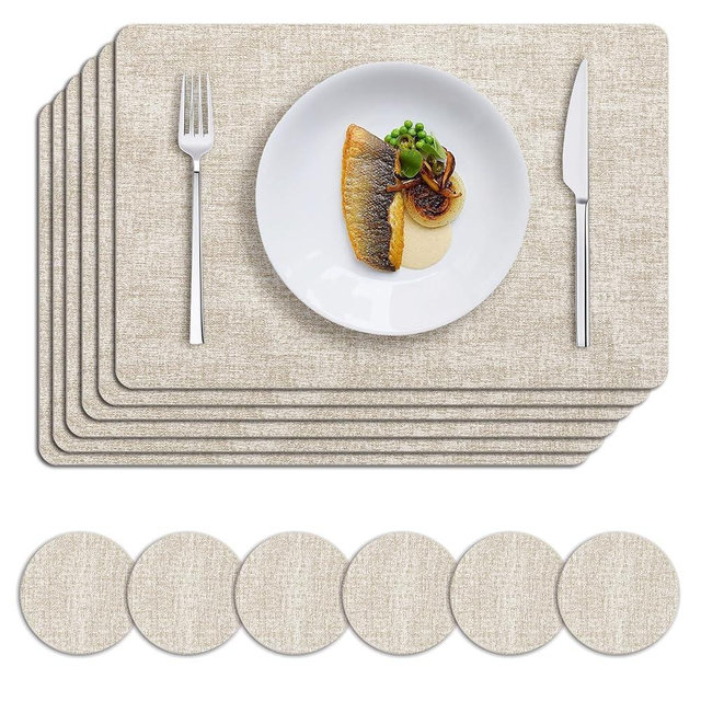 MOSAYT Faux Leather Placemats Set of 6, Heat Resistant Wipeable Washable Vinyl Place Mats with Coasters, Waterproof Oil Proof Table Mats for Kitchen Dining Party Indoor Outdoor, 12" x 18", Beige