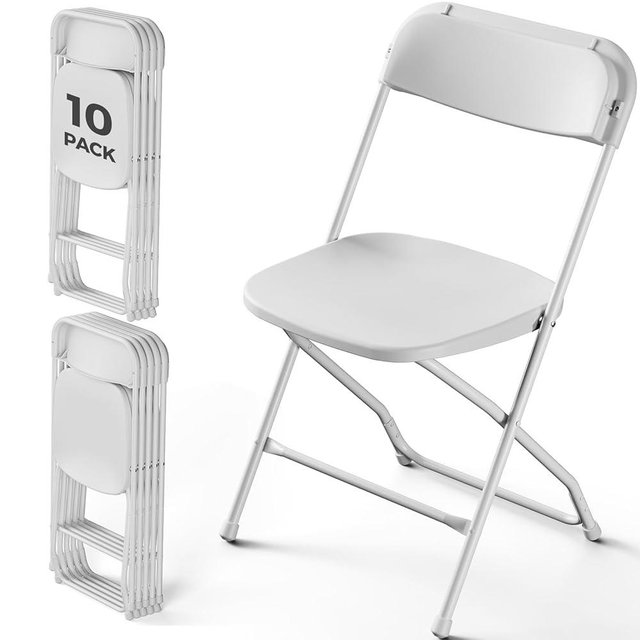 Folding Chairs 10 Pack, White Folding Chairs for Outdoor Indoor, Plastic Folding Chairs with Sturdy Metal Frame, 350 lbs Capacity Portable Foldable Chair for Wedding, Garden, Patio, Events