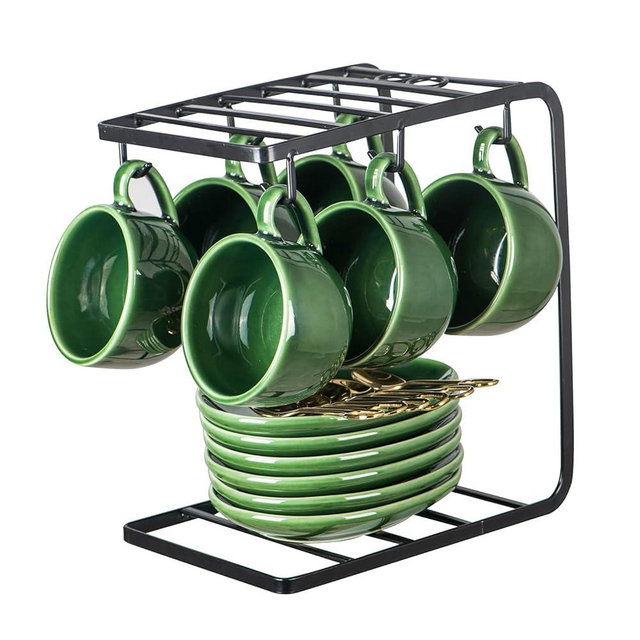 vicrays Ceramic Espresso Coffee Cups - 4 oz Porcelain Espresso Cups Set with Saucers Spoons and Metal Stand for Tea Cafe Cappuccino Latte - Set of 6 - Green