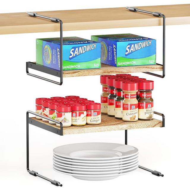 SpaceAid Cabinet Shelf Organizers 2 Pack, Kitchen Counter Organizer Rack Under Shelves Riser, Pantry Cupboard Storage Organization, Metal and Wood, Black and Natural, 13" Wide