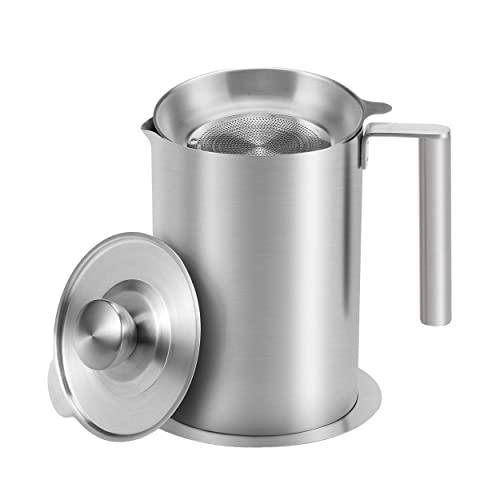 Sumerflos All 304 Stainless Steel Grease Strainer and Container - 1.8 L/1.9 Quart Large Oil Storage Pot Grease Keeper with Dust-Proof Lid & Easy Grip Handle - for Bacon, Kitchen Cooking or Frying Oil
