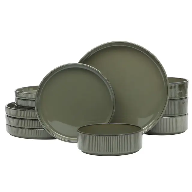 Gibson Elite Townscape 12 Piece Plates and Bowls Reactive Glaze Embossed Round Dishes Terracotta Dinnerware Set Green