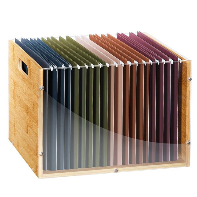 Sbanmao Clear Acrylic File Box Organizer, Bamboo Hanging Folder Storage Boxes, Filing Crate Bin Holder with Handle for Home Office Desk, Letter Size