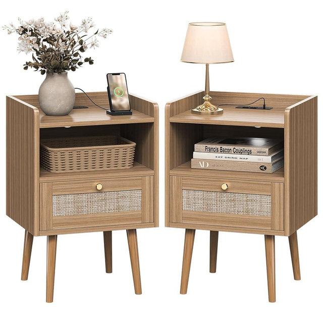 Night stand Set of 2, Bedside Tables with Charging Station, Rattan End Tables, Bed Side Tables, Wood Nightstands set of 2 for Farmhouse Kids' Room Bedroom Living Room Dorm Sofa Office Corner(Brown)