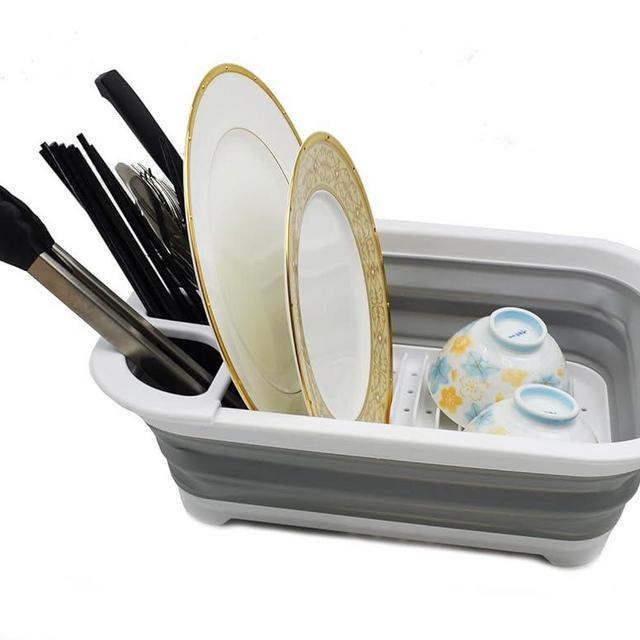 SAMMART Collapsible Plastic Dish Drainer - Foldable Drying Rack Set - Portable Dinnerware Organizer - Space Saving (1, White/Grey (w/o Base Board))