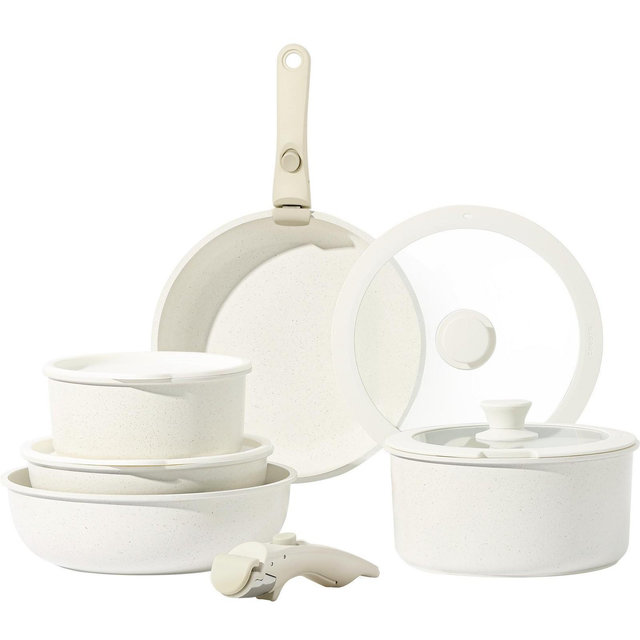 CAROTE 11pcs Pots and Pans Set, Nonstick Cookware Sets Detachable Handle, Induction RV Kitchen Set Removable Handle, Oven Safe, Cream White