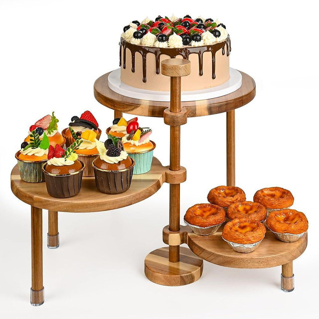 GEHE 3 Tier Round Cupcake Stand, 360° Rotatable Acacia Wood Cake Stand Cupcake Tower, Rustic Wooden Tiered Dessert Table Display Set, Tiered Tray Stands for Birthday, Wedding Party