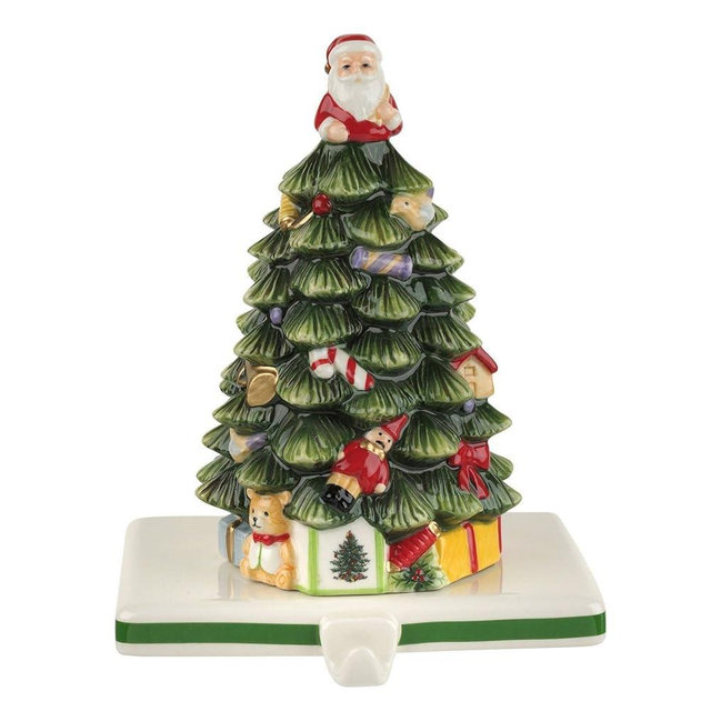 Spode 5.5" Stocking Holder with Hook - Christmas Tree | Fine Earthenware | Collectible Home Décor - Festive Holiday Display for Mantel, Fireplace | Weighted Hangers for Xmas