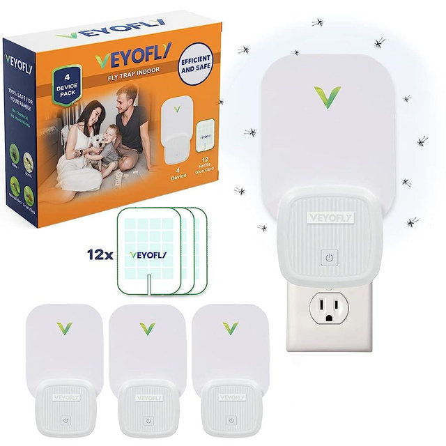 VEYOFLY Indoor Insect Trap, (4-Pk Device), Insect Catcher, Indoor Fly Trap, Safer House, Internal Trap for Mosquitoes and Fruit Flies, Fruit Fly Moth, (12-Pack Refill)
