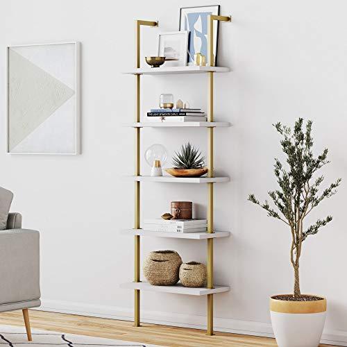 Nathan James 66001 Theo 5-Shelf Ladder Bookcase with Brass Metal Frame, White/Gold