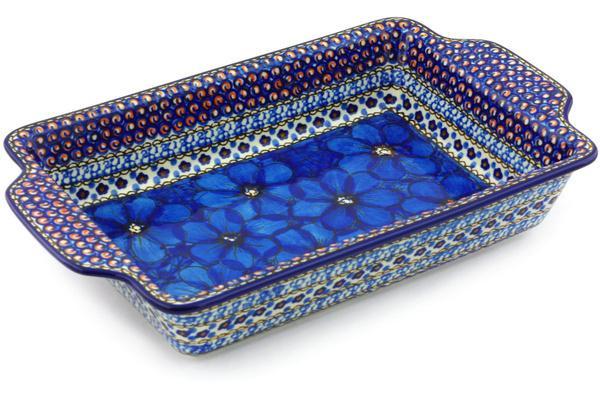 Polish Pottery 13" Rectangular Baker with Handles Cobalt Poppies UNIKAT