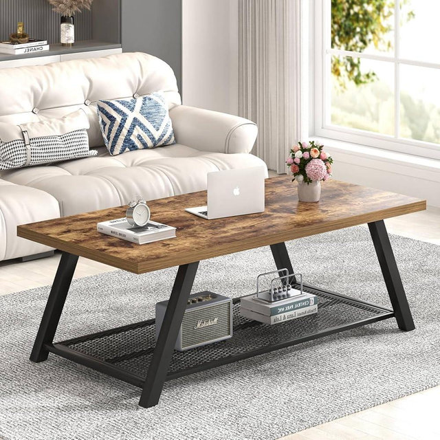 FOLUBAN Coffee Table, Modern Wood and Metal Living Room Table with Storage Shelf, Industrial Rectangle Cocktail Tea Table, Rustic Brown, 47 Inch