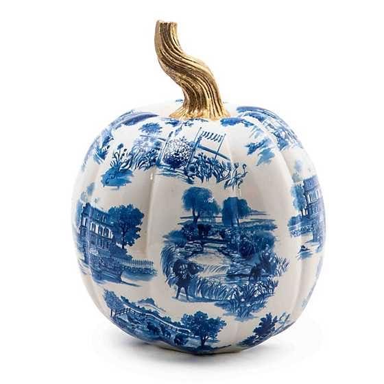 MACKENZIE-CHILDS Toile Small Resin Pumpkin, Halloween Tabletop Decor, Blue-and-White Royal