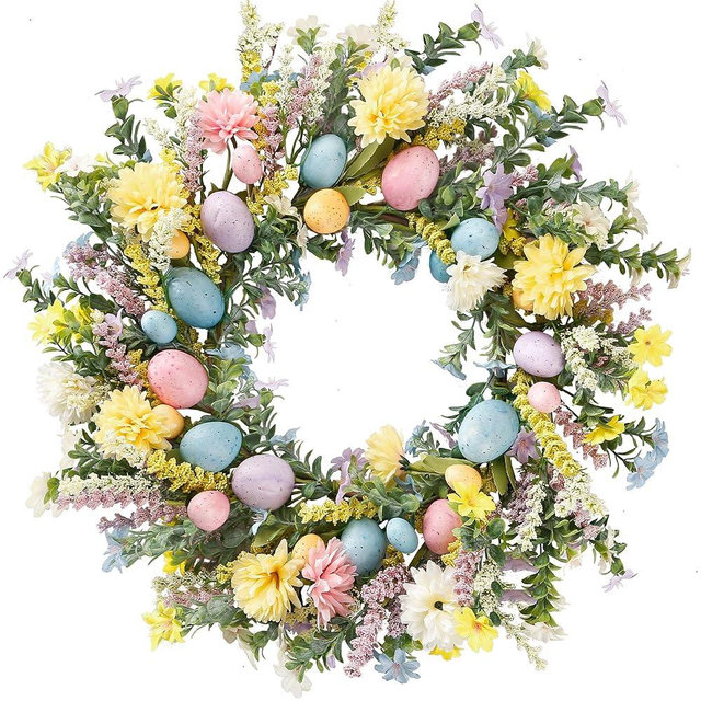 Sggvecsy 20 Inch Easter Wreath Spring Wreath Artificial Flower Wreath with Colorful Eggs Hydrangea Daisies Eucalyptus Leaves for Front Door Easter Summer Farmhouse Holiday Wall Home Window Decor