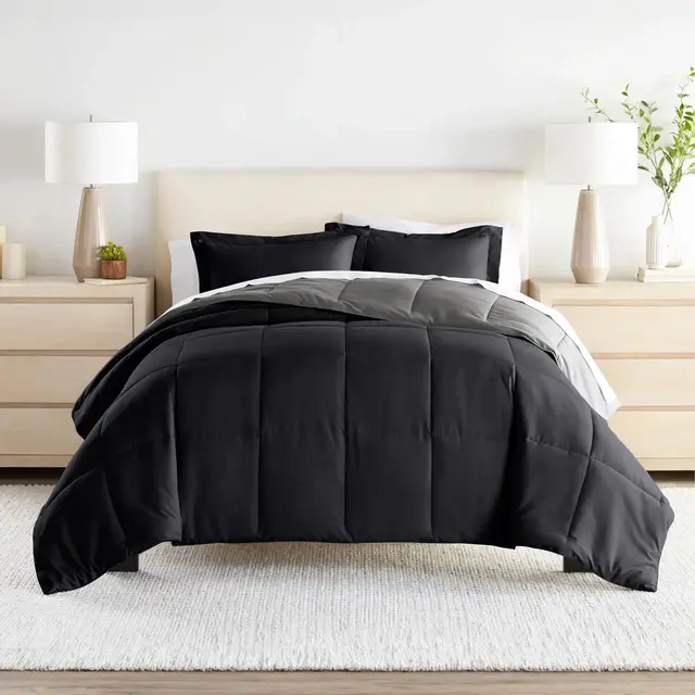 Reversible Comforter and Shams Set, Ultra Soft - Becky Cameron, Black / Fog, Full/Queen