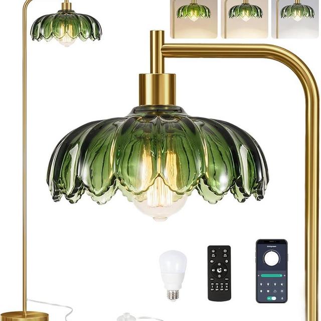 QIYIZM Gold Glass Floor Lamp Dimmable,Brass Tall Lamp Mid Century Modern Standing Lamp with Remote Retro Vintage Green Floor Light Lamp Boho Bohemian Bedroom for Living Room