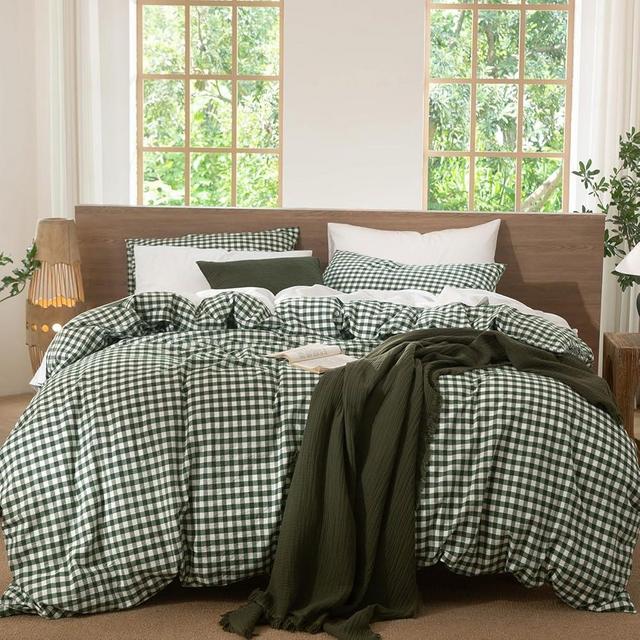 MooMee Gingham Duvet Cover Set 100% Washed Cotton Linen Like Textured Breathable Durable Soft Comfy Modern Checkered Design (Forest Green Gingham, Queen 90"x90")