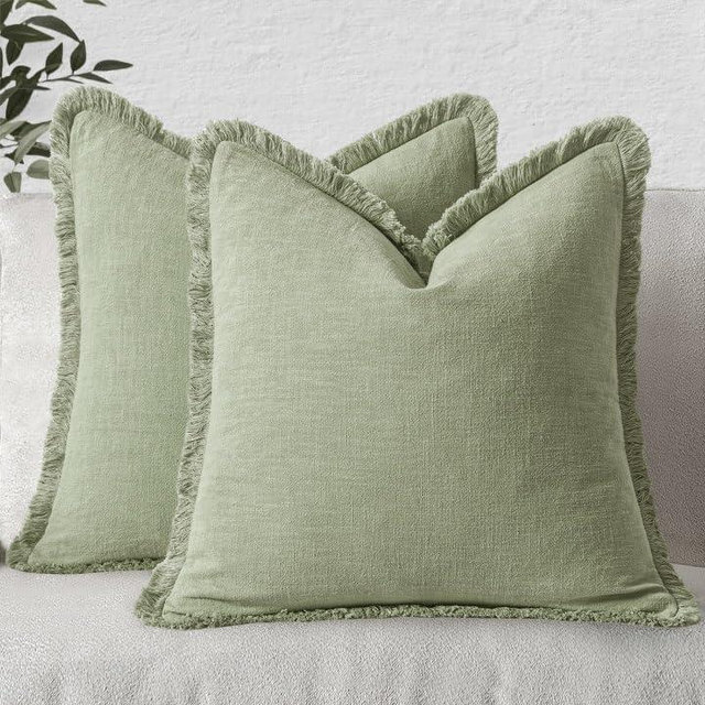 MIULEE Boho Farmhouse Pillow Covers Decorative Neutral Linen Throw Pillow Covers Set of 2 Sage Green Cushion Covers with Fringe for Couch Sofa Bed Living Room Spring Home Decor 20x20 Inch