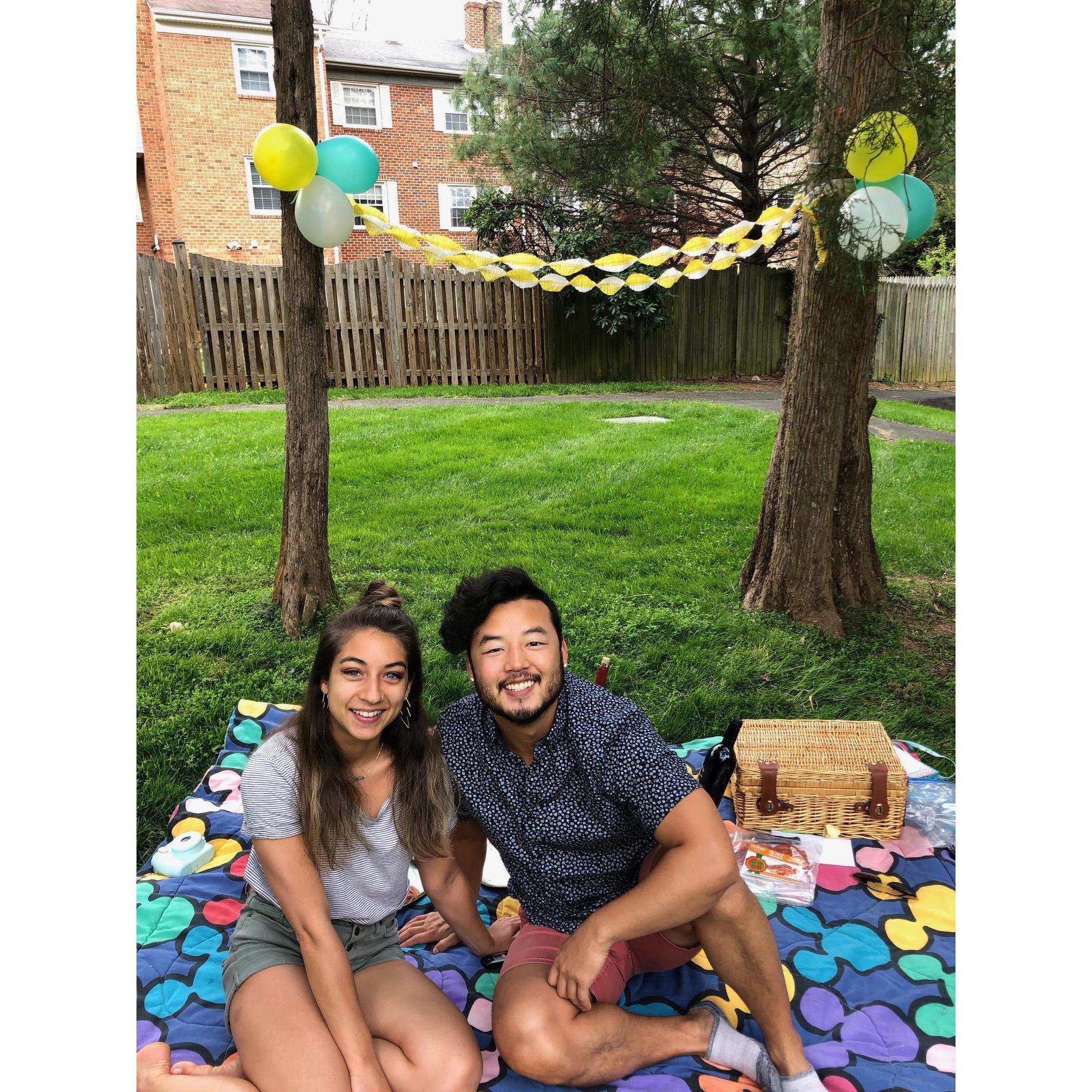 A quarantine style picnic to celebrate our first anniversary living in the same state.