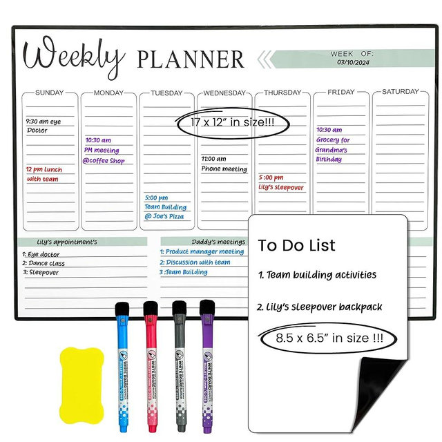 Artimiki Magnetic Weekly Planner 17 x 12 Inches with Fine Grid – Magnetic Calendar for Fridge with 4 Magnetic Markers, 1 Eraser and 1 Small Dry Erase Board – Perfect Organization for Everyone