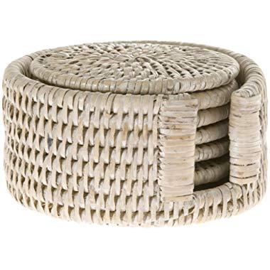 KOUBOO 1010070 La Jolla Round Rattan Coasters, 4 inches x 4 inches, White Wash