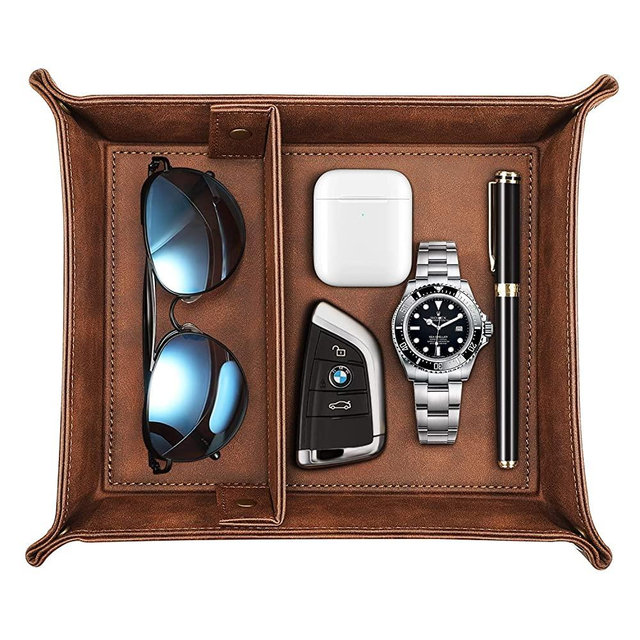 SITHON Valet Tray Desktop Storage Organizer – Removable 2 Compartments Catchall Tray Bedside Vanity Tray Nightstand Caddy Holder Desk Storage Plate for Remote Controller/Keys/Phone/Jewelry, Brown