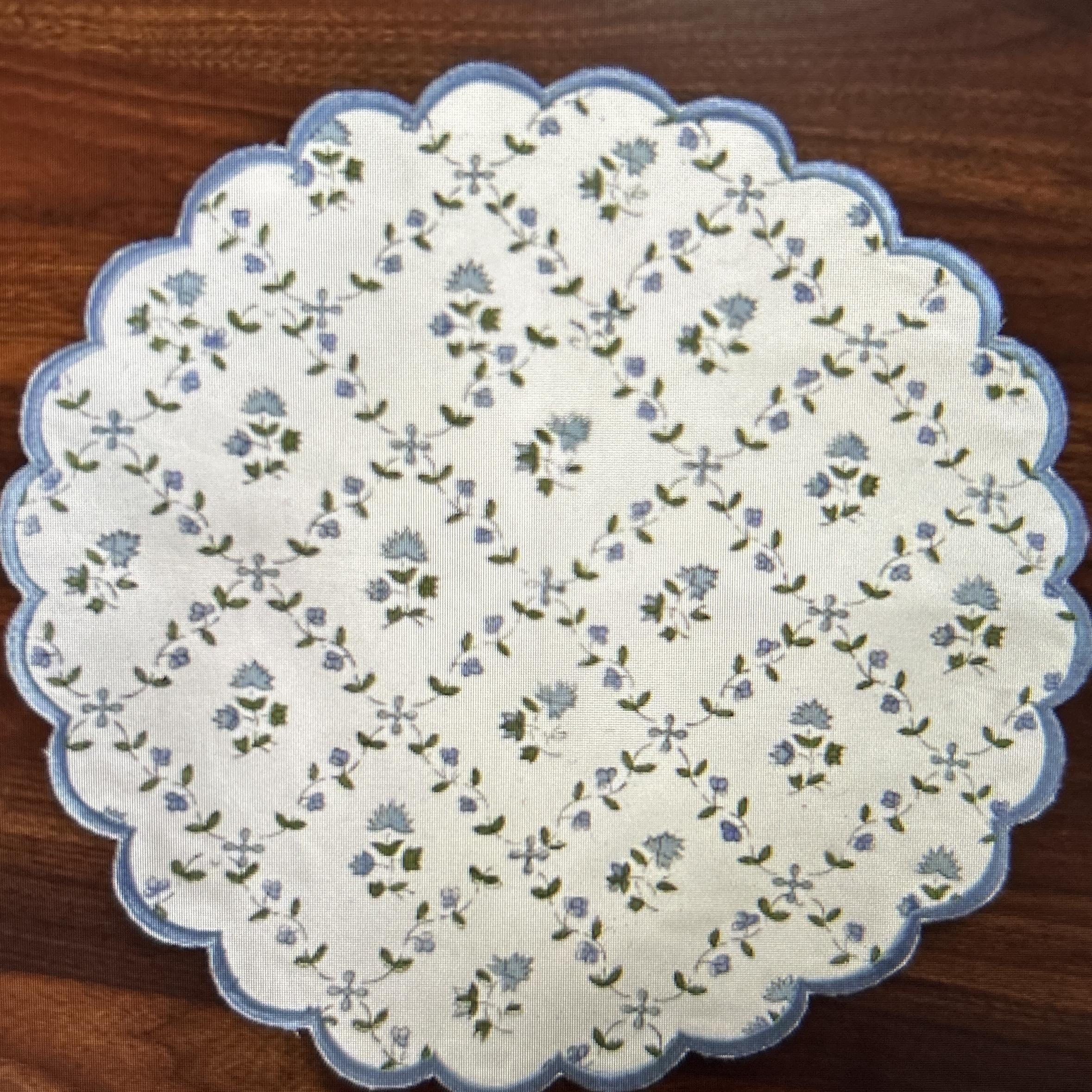 Ridhi Powder Blue Bo-ho Round Place Mat Double Layer Floral Cotton Washable Placemats 15" Round Embroidery Block Print Table Mat Pack of 4-15 Inch Round