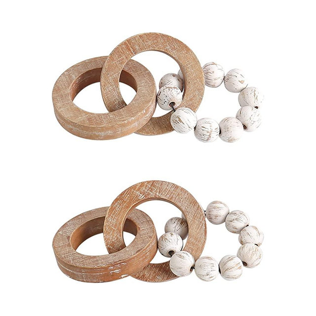 Wood Chain Link Decor for Coffee Table, Handmade Carved 3 Link Wood Knot & Wood Bead Decor, Natural Wooden Chain Link for Boho Farmhouse Country Home Decor, Best Housewarming Gifts (2 Pcs, 8.7inch)