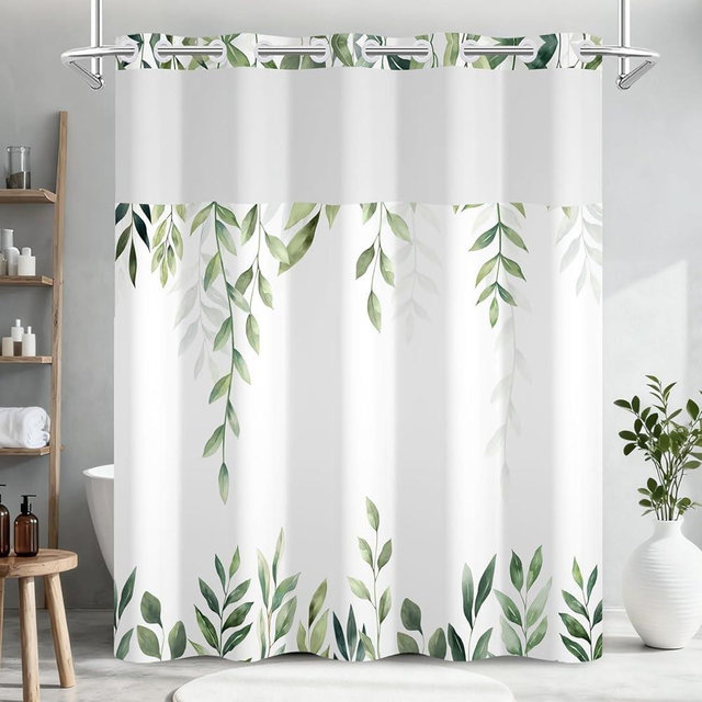 No Hook Light Green Leaves Shower Curtain with Snap in Liner, Waterproof Double Layers Fabric Shower Curtain, Modern Farmhouse Nature Botanical Bathroom Curtains with Top Sheer Window, 71x74 Inch