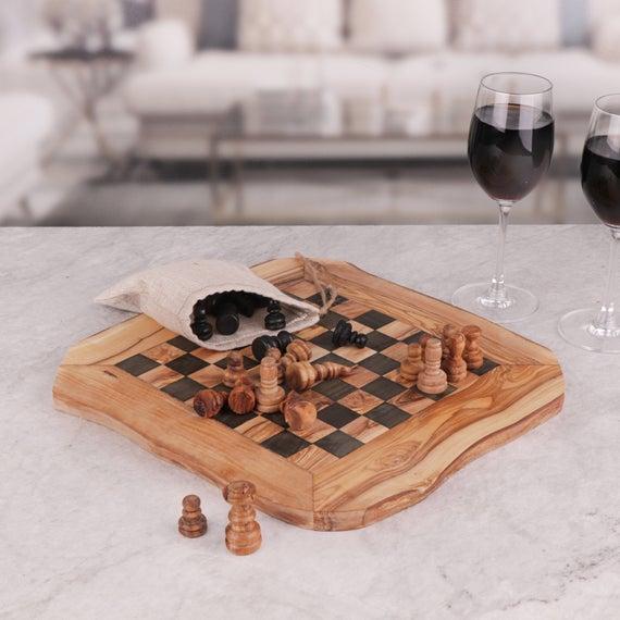 Chess Set handmade from Tunisian Olive Wood, Engraved Chess Set, Wooden Chess Board with Chess Pieces (+Free Wood Conditioner)