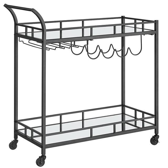 VASAGLE Bar Cart Black, Home Bar Serving Cart, Wine Cart with 2 Mirrored Shelves, Wine Holders, Glass Holders, for Kitchen, Dining Room, Black ULRC090B62